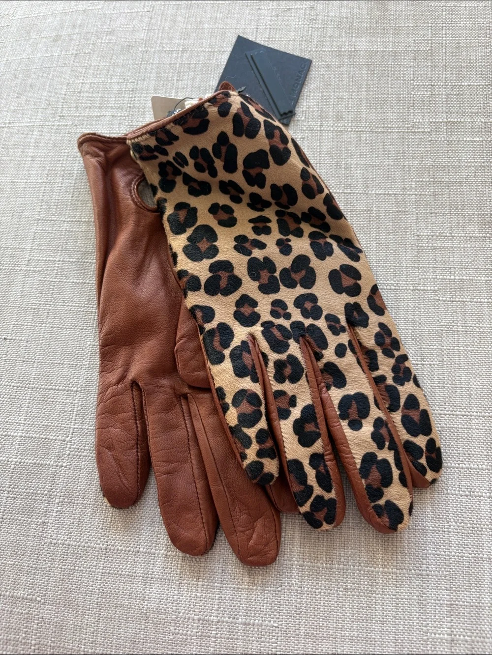 Club Monaco Brown Leather Gloves with Leopard Print Back